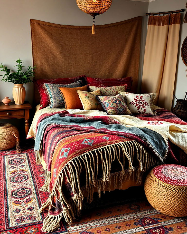 layered textiles for bohemian look - 25 Hippie Bedroom Ideas