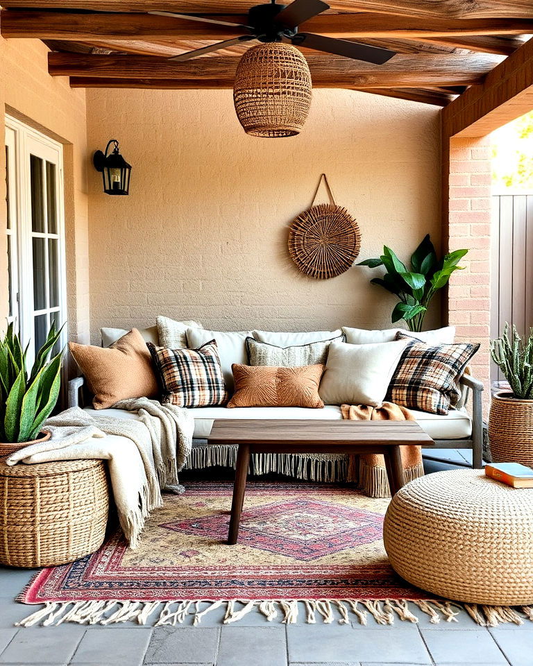 layered textiles for boho inspired look - 20 Bohemian Desert Decor Ideas