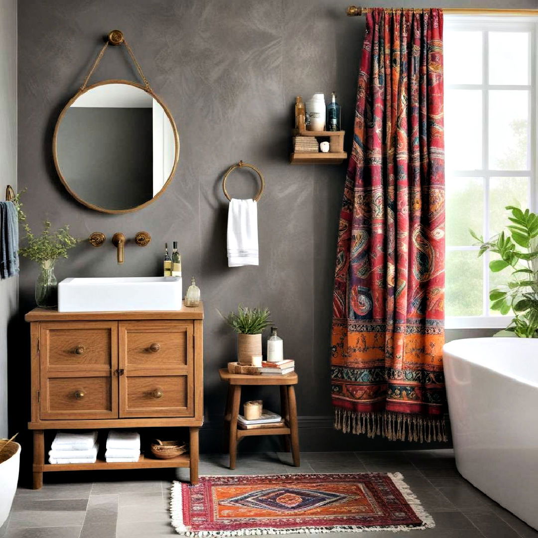 layered textiles to enhance boho aesthetic - 25 Boho Bathroom Ideas