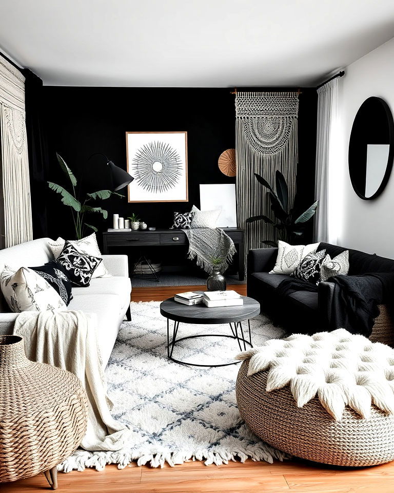 layered textures for black and white boho living room - 20 Black and White Boho Living Room Ideas