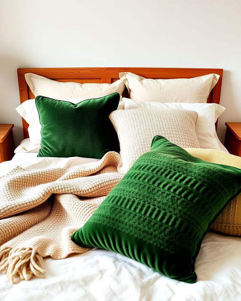 layered textures with green accents - 30 Green and Beige Bedroom Ideas