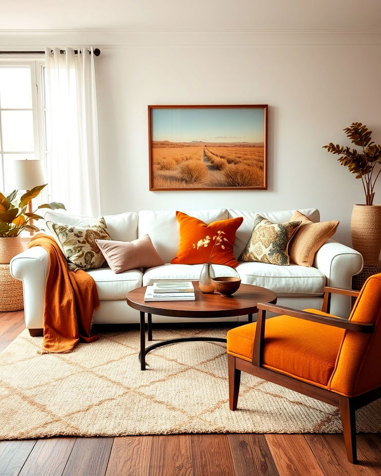 layered warm tones for white couch - 30 White Couch Living Room Ideas