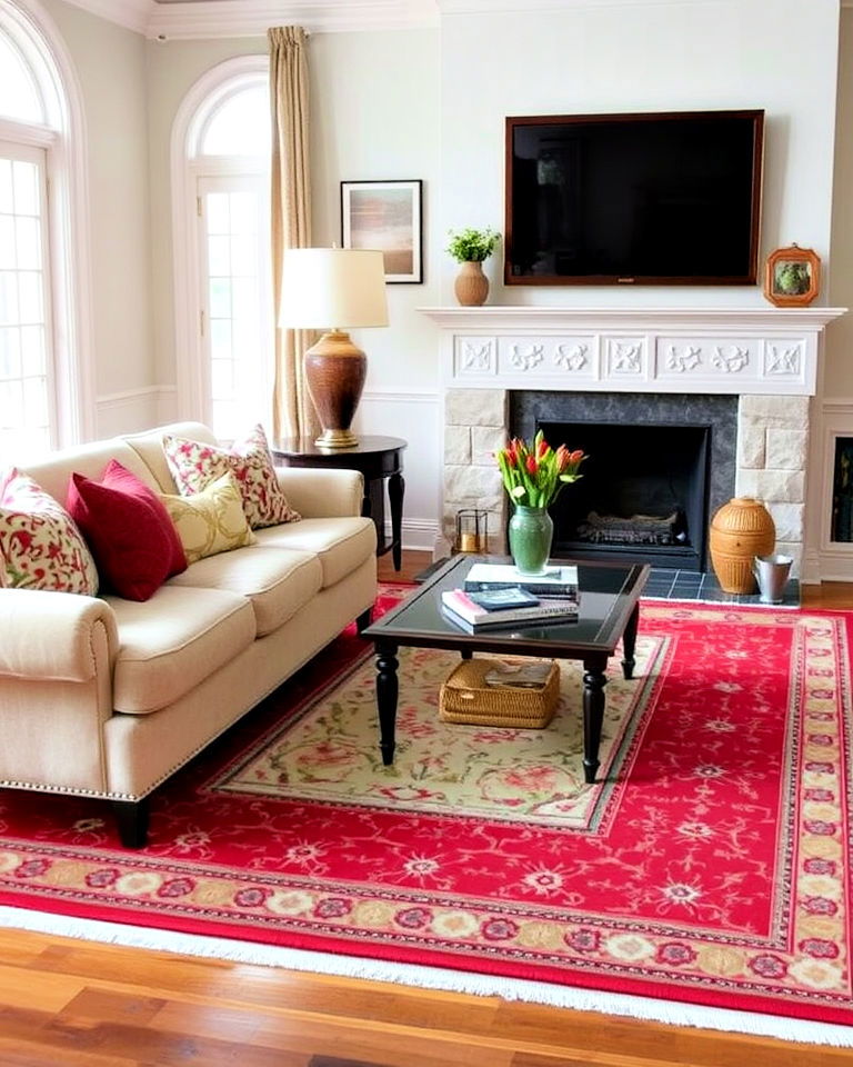 layering rug to add depth - 20 Red Carpet Living Room Ideas