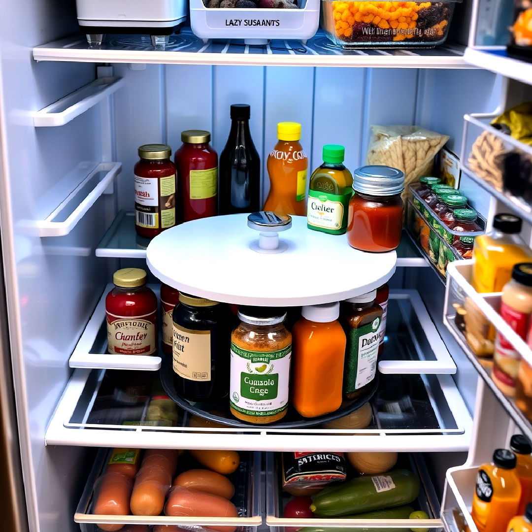 lazy susan to keep everything visible - 20 Refrigerator Organization Ideas