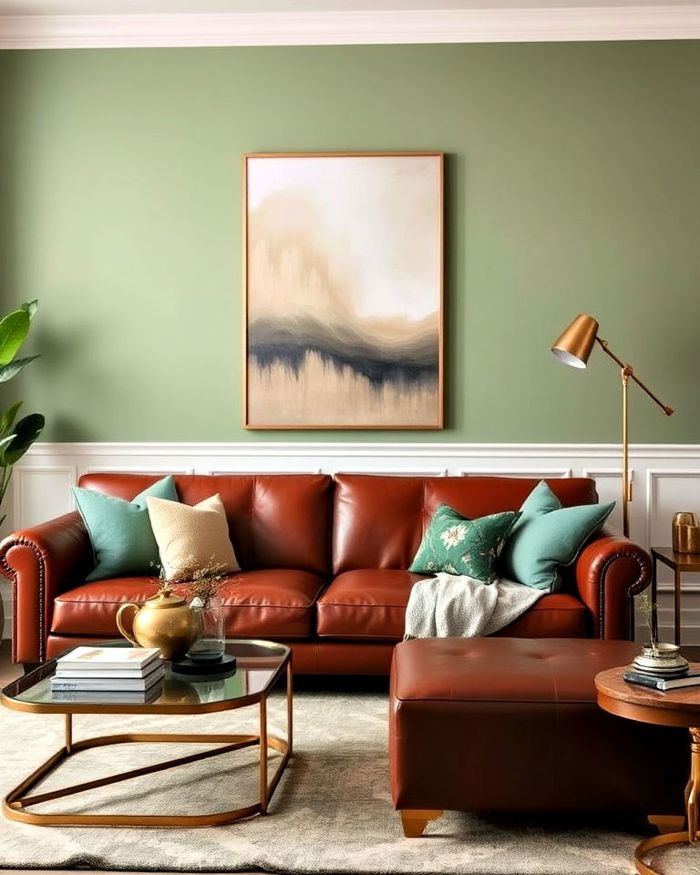 leather sofa for sage green and brown living room - 20 Sage Green and Brown Living Room Ideas