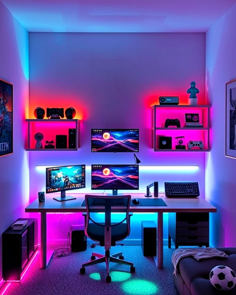 led strip lighting to add futuristic touch - 20 Gamer Girl Room Ideas
