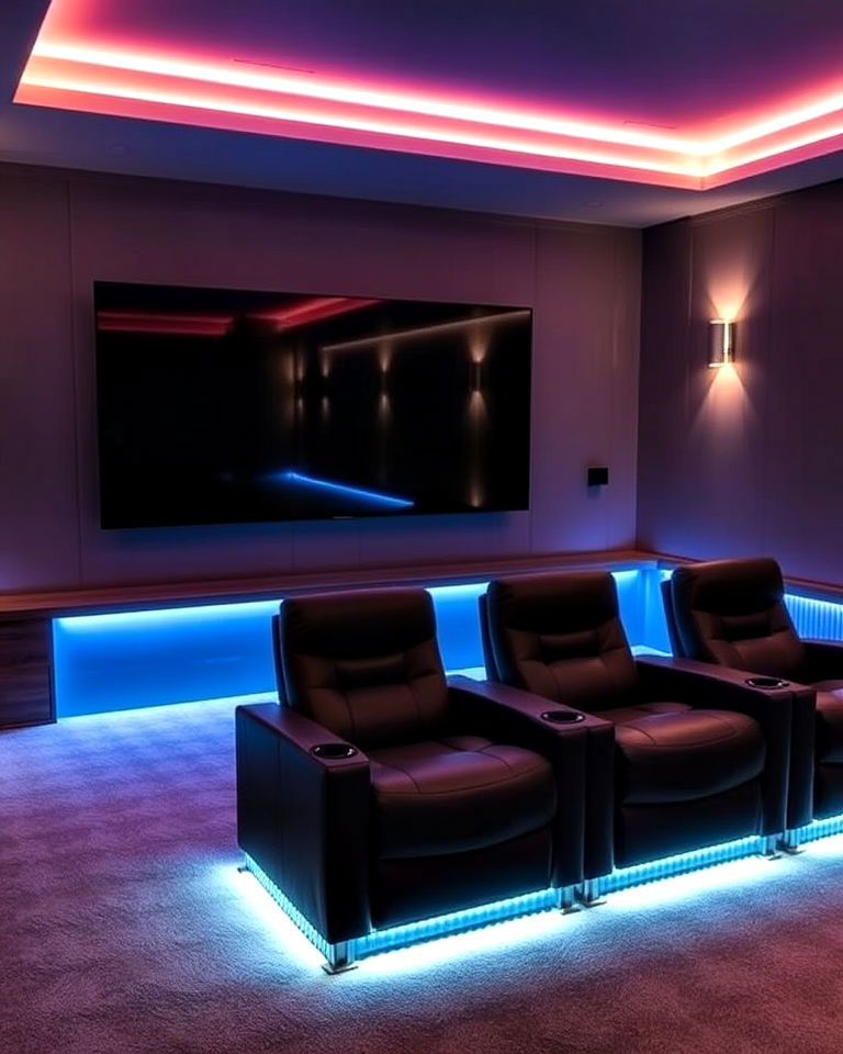 led strip lighting to add modern touch - 25 Basement Home Theater Ideas