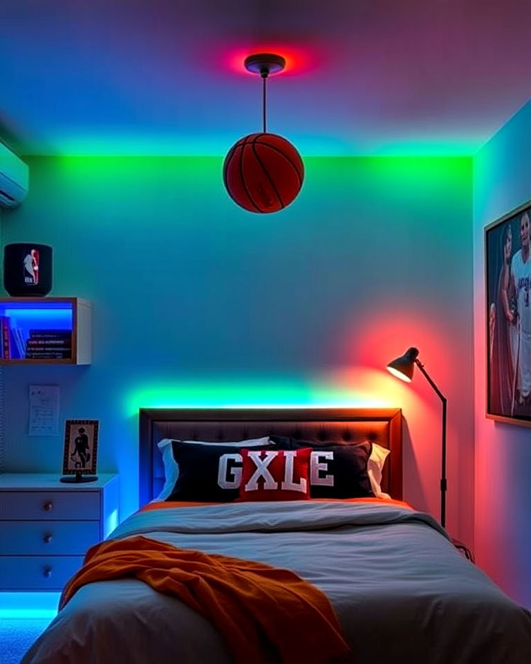 led strip lighting with team colors for basketball room decor - 25 Basketball Room Decor Ideas
