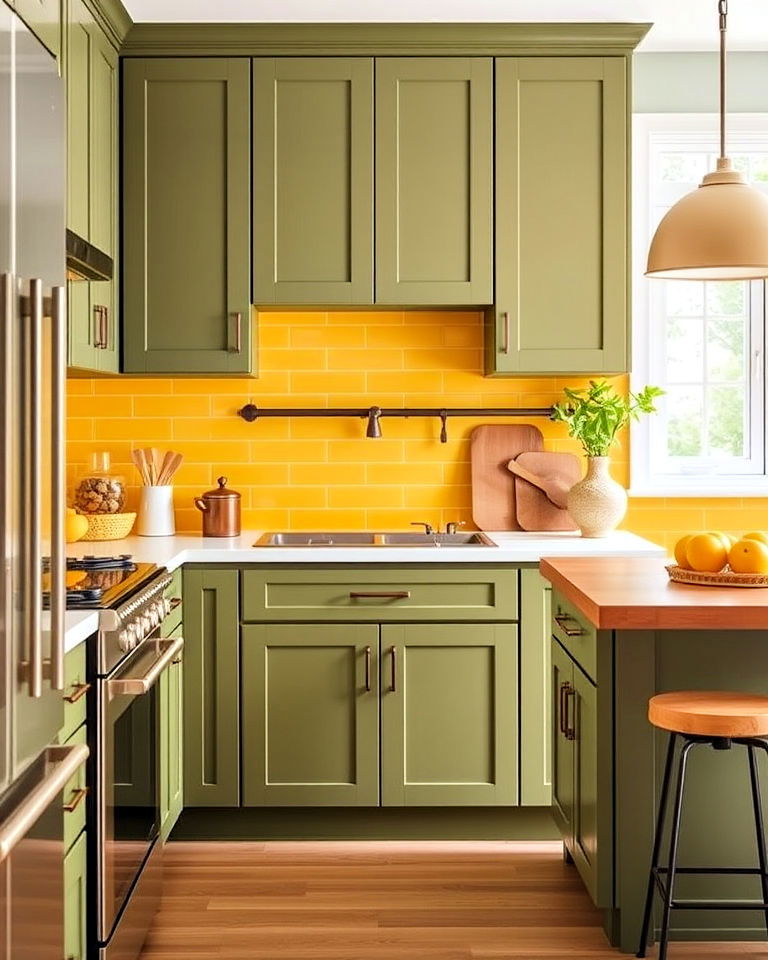 lemon yellow backsplash and olive green cabinets - 20 Green and Yellow Kitchen Ideas