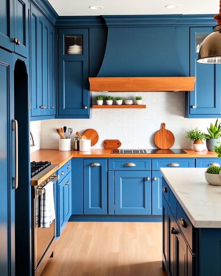 light backsplash and ocean blue cabinets - 30 Blue Farmhouse Kitchen Cabinets