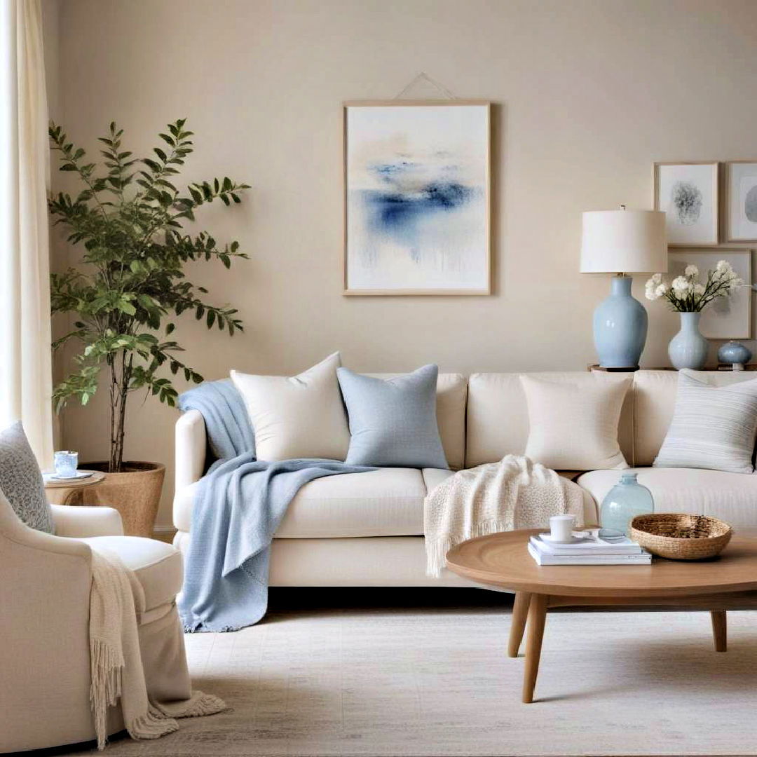 light blue accents to add refreshing vibe - 40 Neutral Living Room Ideas