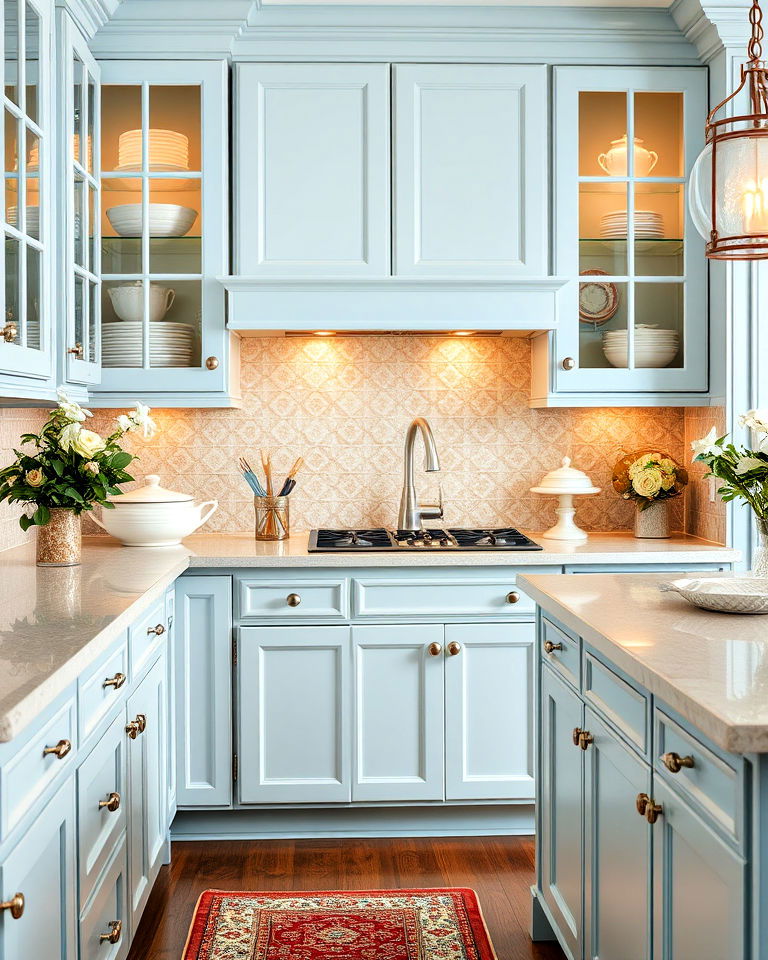 light blue cabinets with glass inserts - 20 Light Blue Kitchen Cabinets Ideas