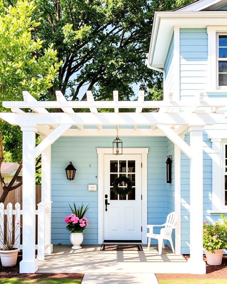 light blue exterior and white pergola - 25 Light Blue House Exterior Ideas