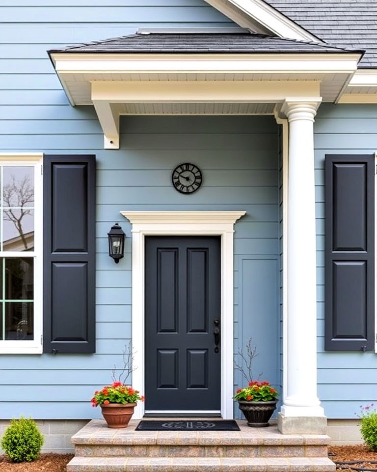 light blue exterior with dark gray shutters - 25 Light Blue House Exterior Ideas