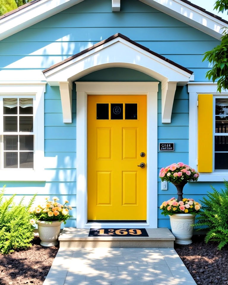 light blue exterior with yellow door - 25 Light Blue House Exterior Ideas