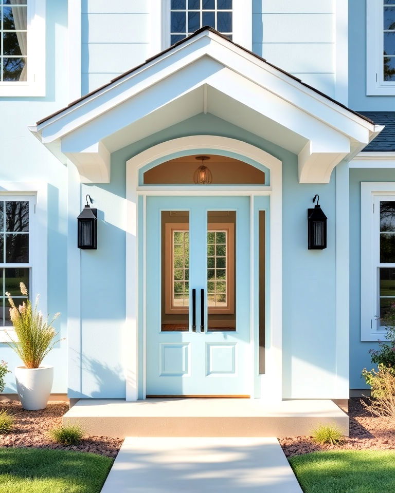 light blue house exterior with glass door panels - 25 Light Blue House Exterior Ideas