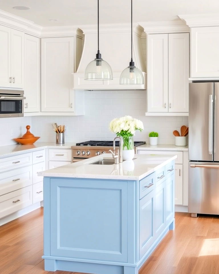 light blue island paired with white cabinetry - 30 White Kitchen Cabinets With Blue Island