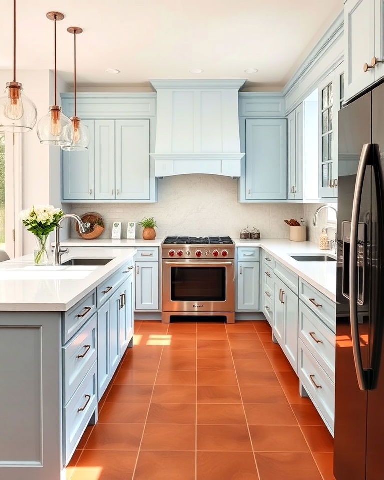 light blue kitchen cabinets with white quartz countertops - 20 Light Blue Kitchen Cabinets Ideas