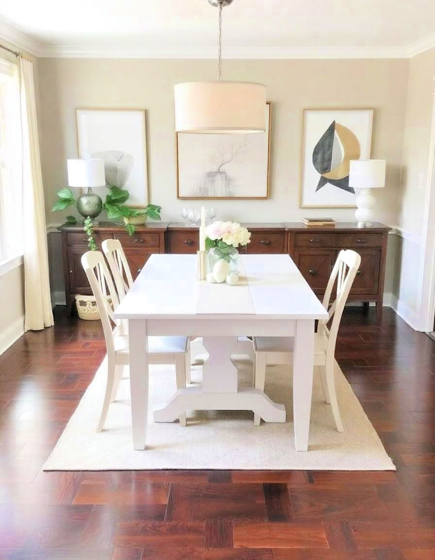 light colored furniture and dark floor - 15 Dark Wood Floor Dining Room Ideas