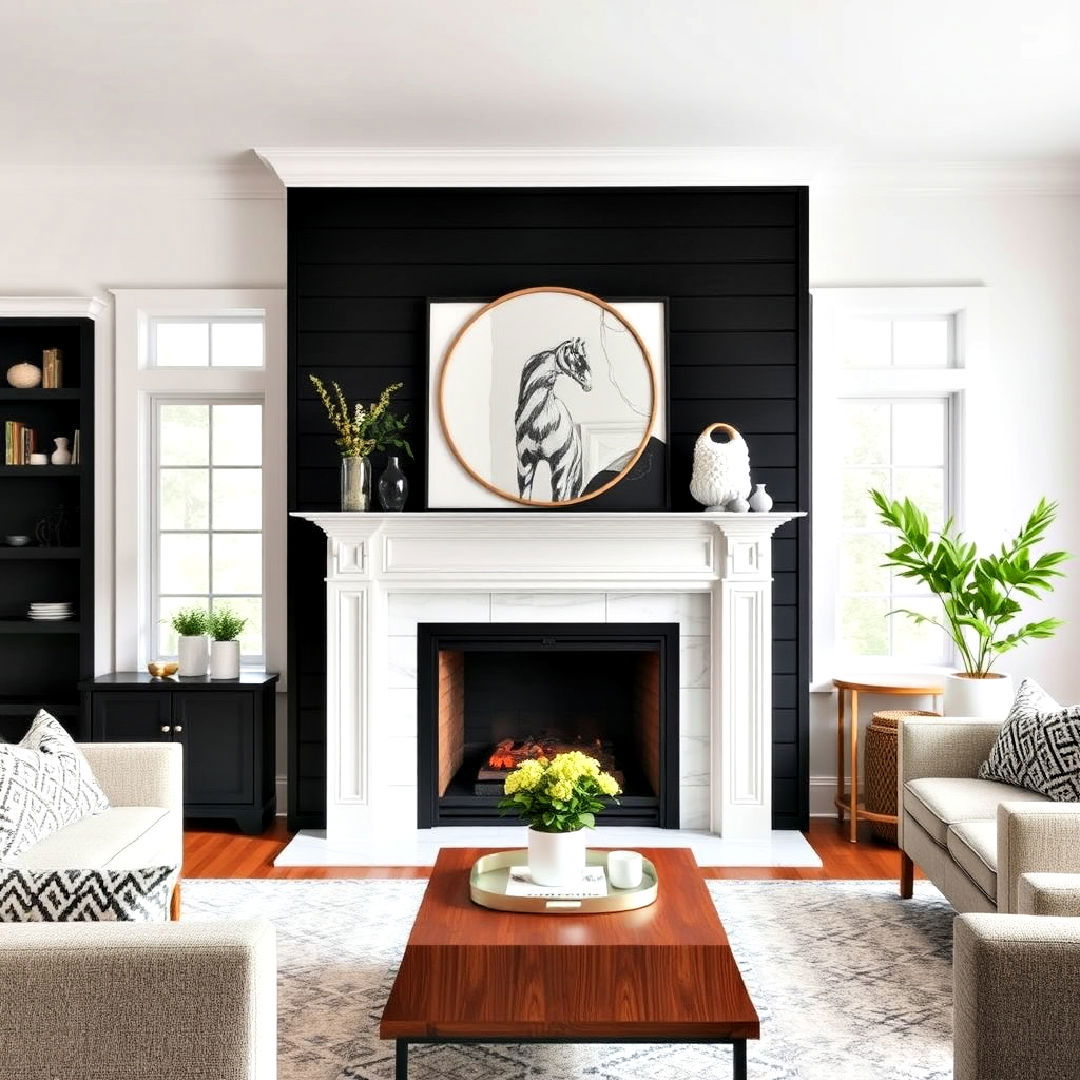 light colored hearth for black shiplap fireplace - 40 Black Shiplap Fireplace Ideas