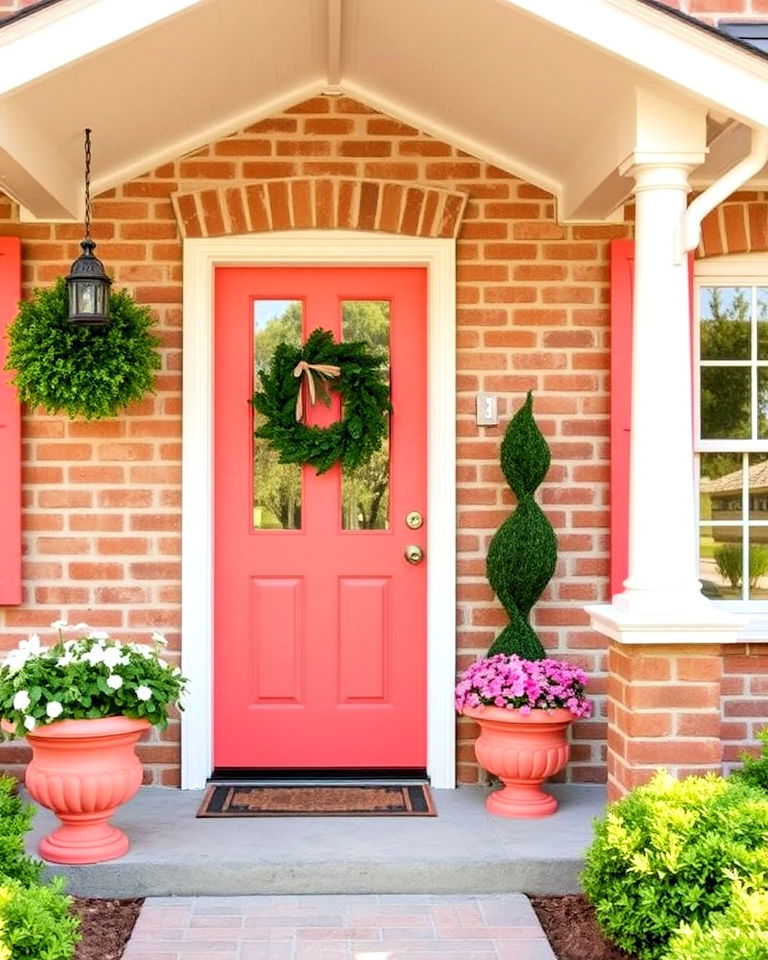 light coral details for tan brick home - 25 Tan Brick House Color Schemes