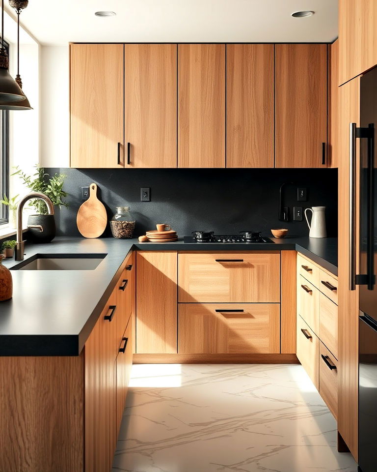 light oak cabinets and black concrete countertops - 25 Brown Kitchen Cabinets With Black Countertops