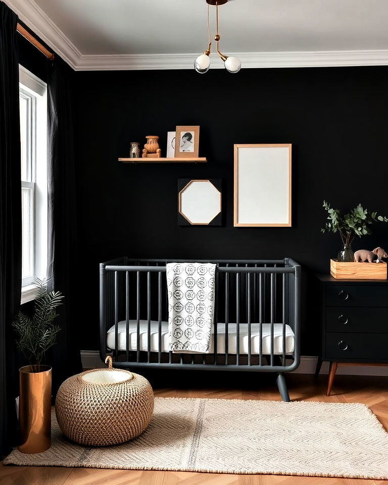 light wooden accents for black nursery - 25 Black Nursery Ideas