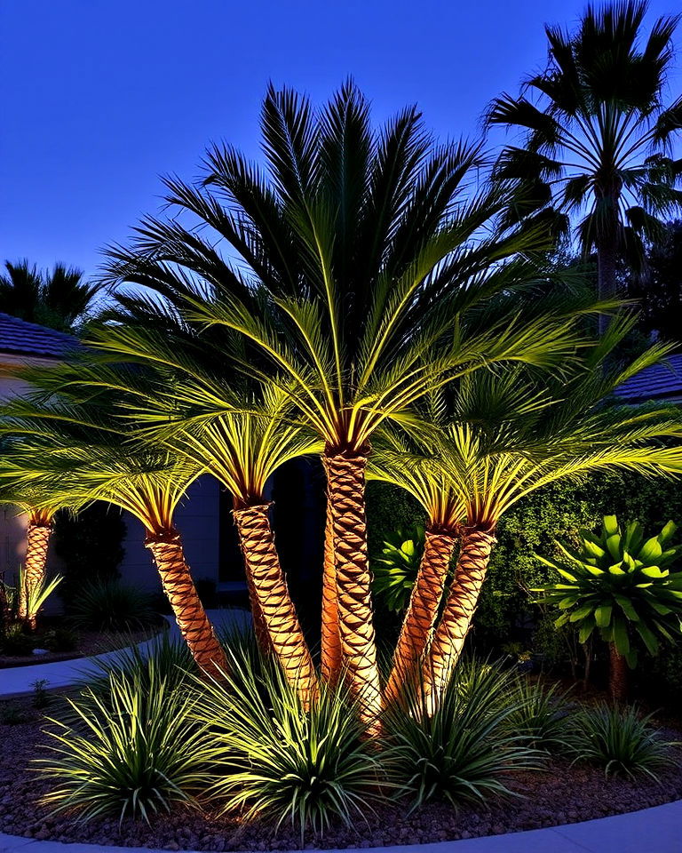lighting features with palm cluster - 30 Front Yard Palm Tree Landscape Design Ideas