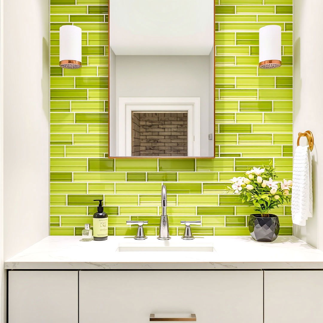 lime green glass tiles backsplash - 25 Green Tile Bathroom Ideas