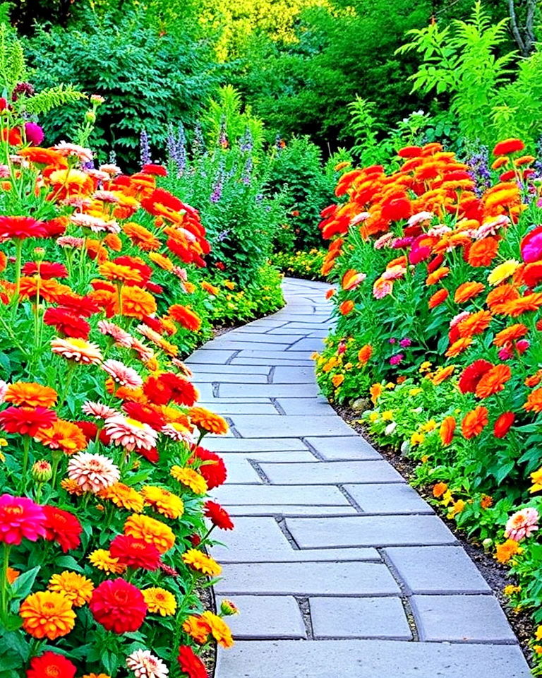 line garden paths with zinnias - 25 Zinnia Garden Ideas
