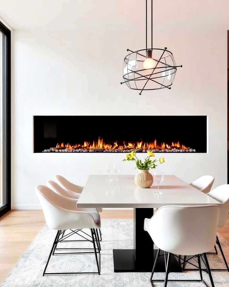 linear fireplace for minimalist dining room - 30 Dining Rooms With Fireplaces
