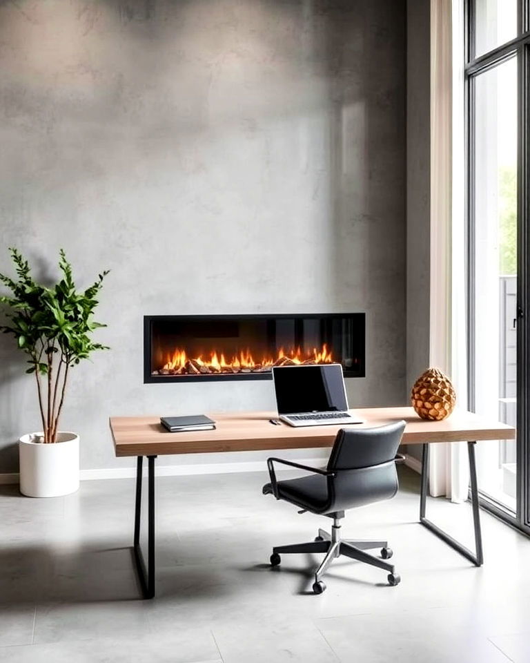 linear fireplace for modern minimalist office - 15 Home Offices With Fireplaces