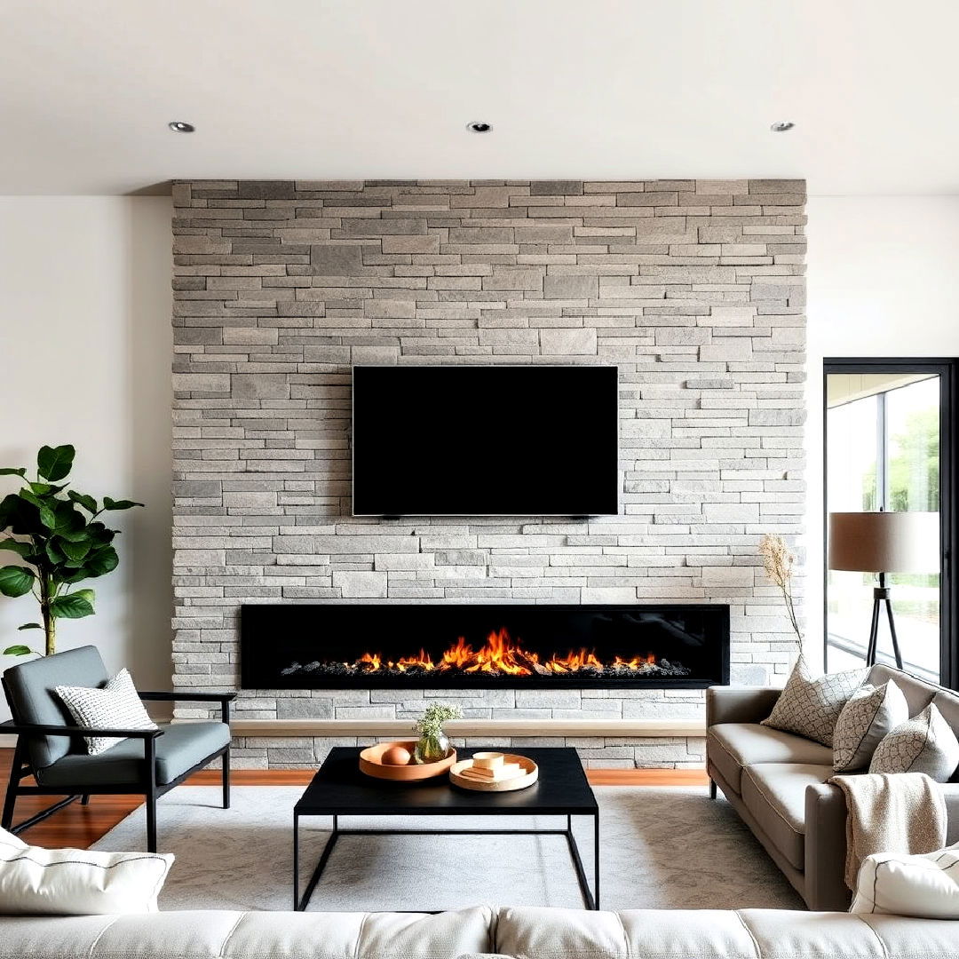 linear stacked stone fireplace design - 25 Stacked Stone Fireplace Ideas