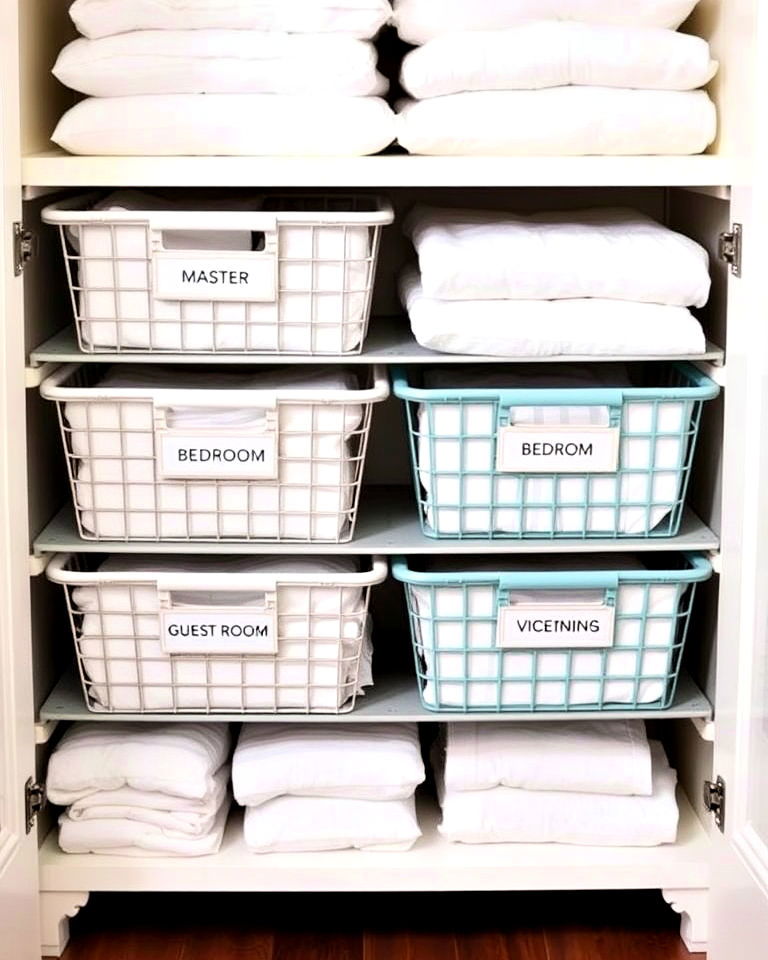 linen closet organization with dedicate bins - 30 Linen Closet Organization Ideas