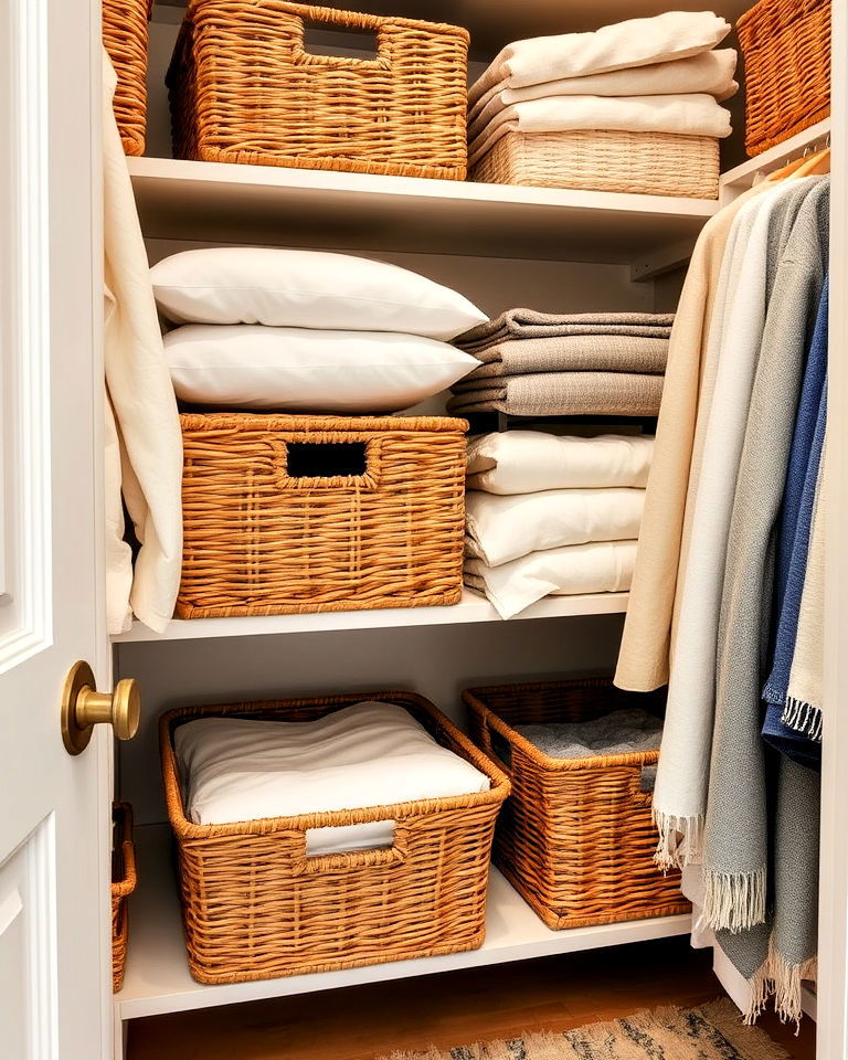 linen closet organization with wicker baskets - 30 Linen Closet Organization Ideas