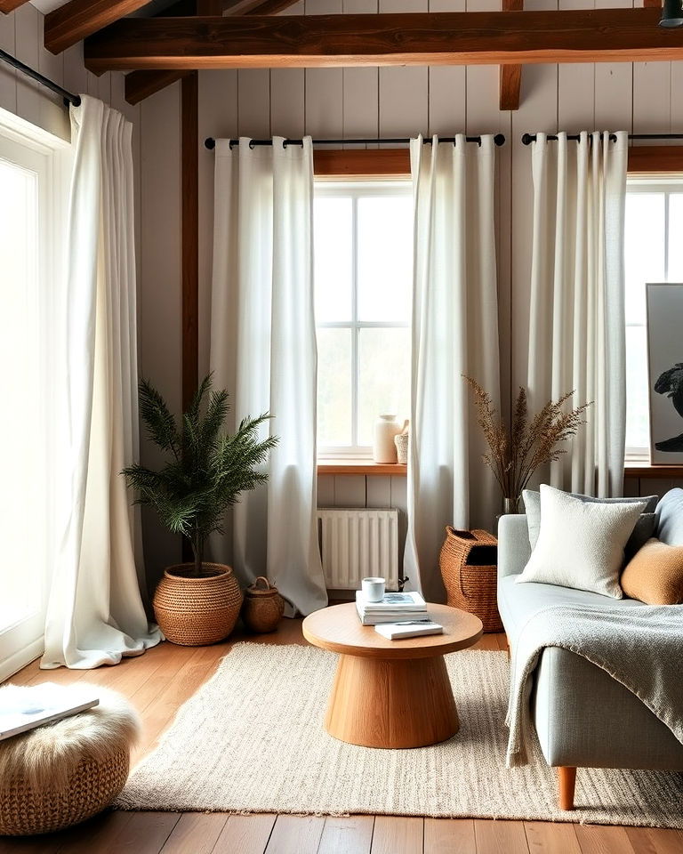 linen curtains for scandinavian rustic living room - 30 Rustic Scandinavian Living Room Ideas