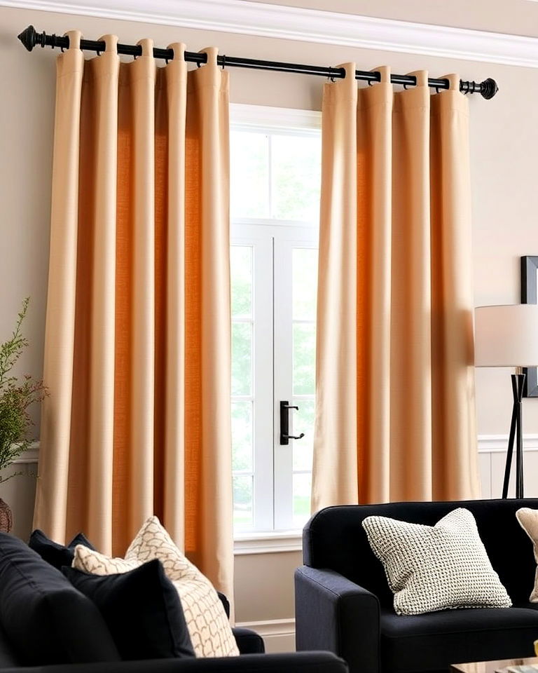 living room with beige curtains and black rods - 30 Black and Beige Living Room Ideas