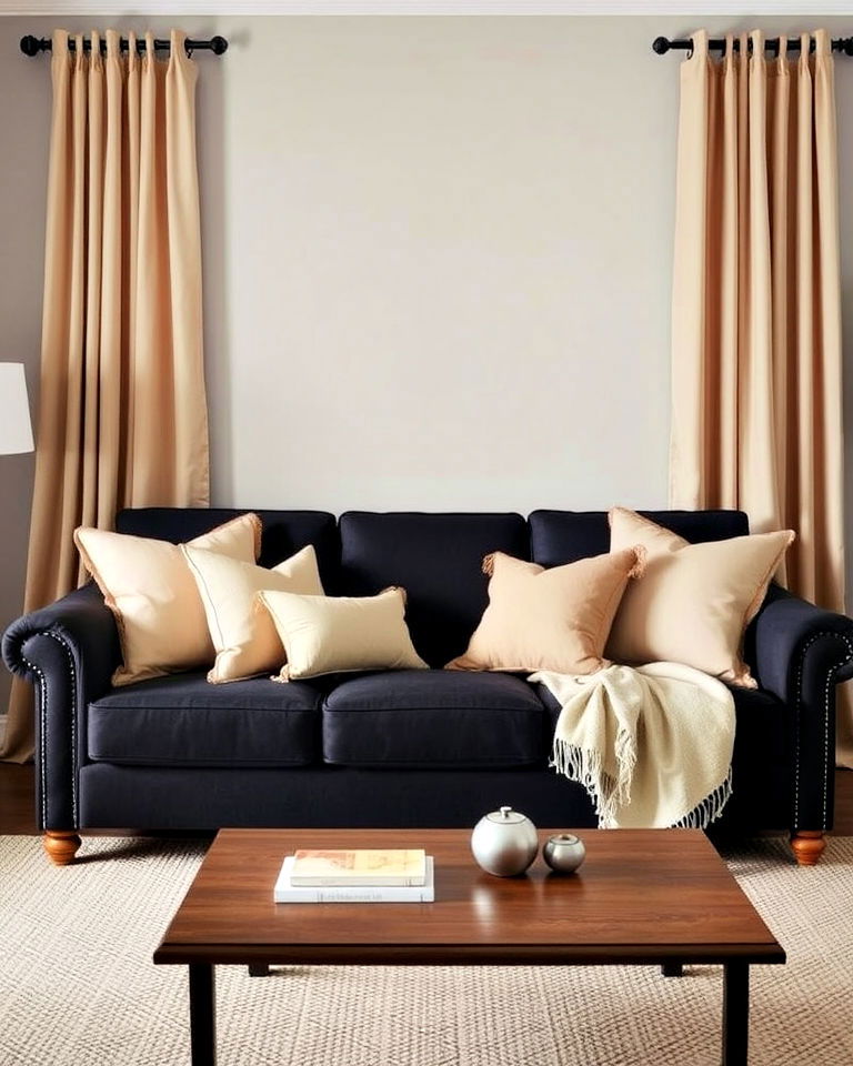 living room with beige cushions on a black sofa - 30 Black and Beige Living Room Ideas