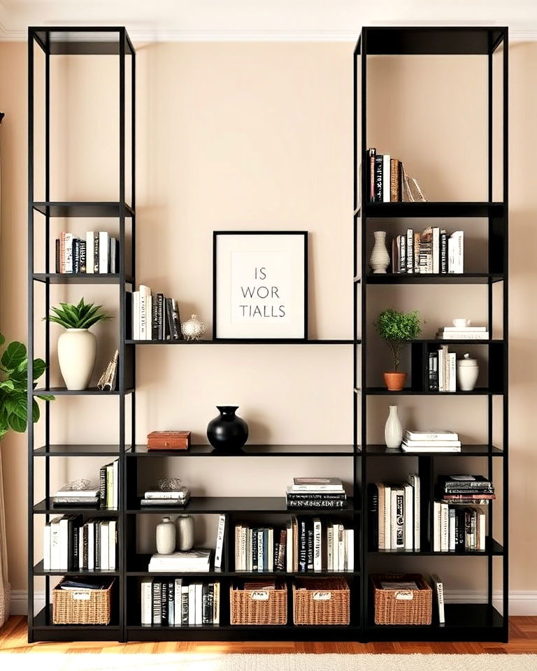 living room with beige walls and black shelving - 30 Black and Beige Living Room Ideas