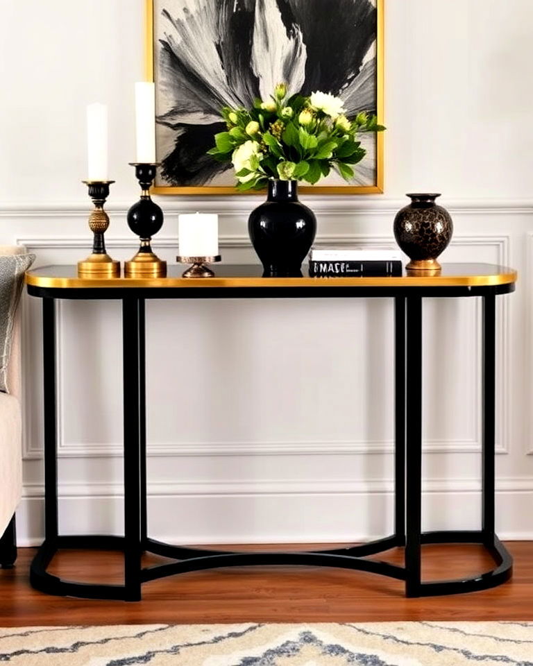 living room with black and gold console table - 40 Black and Gold Living Room Ideas