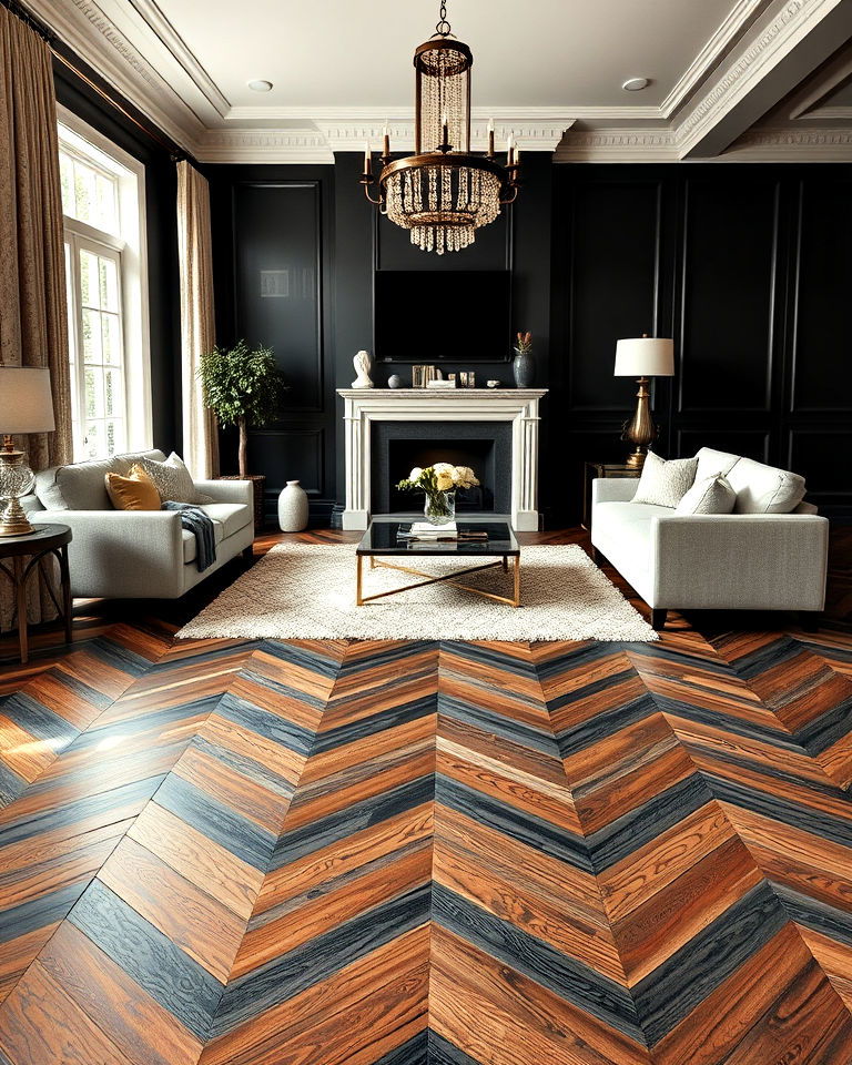 living room with black chevron wood floor - 25 Black Floor Living Room Ideas