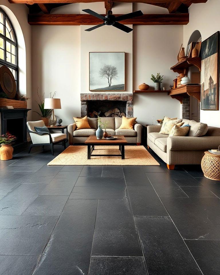 living room with black slate flooring - 25 Black Floor Living Room Ideas