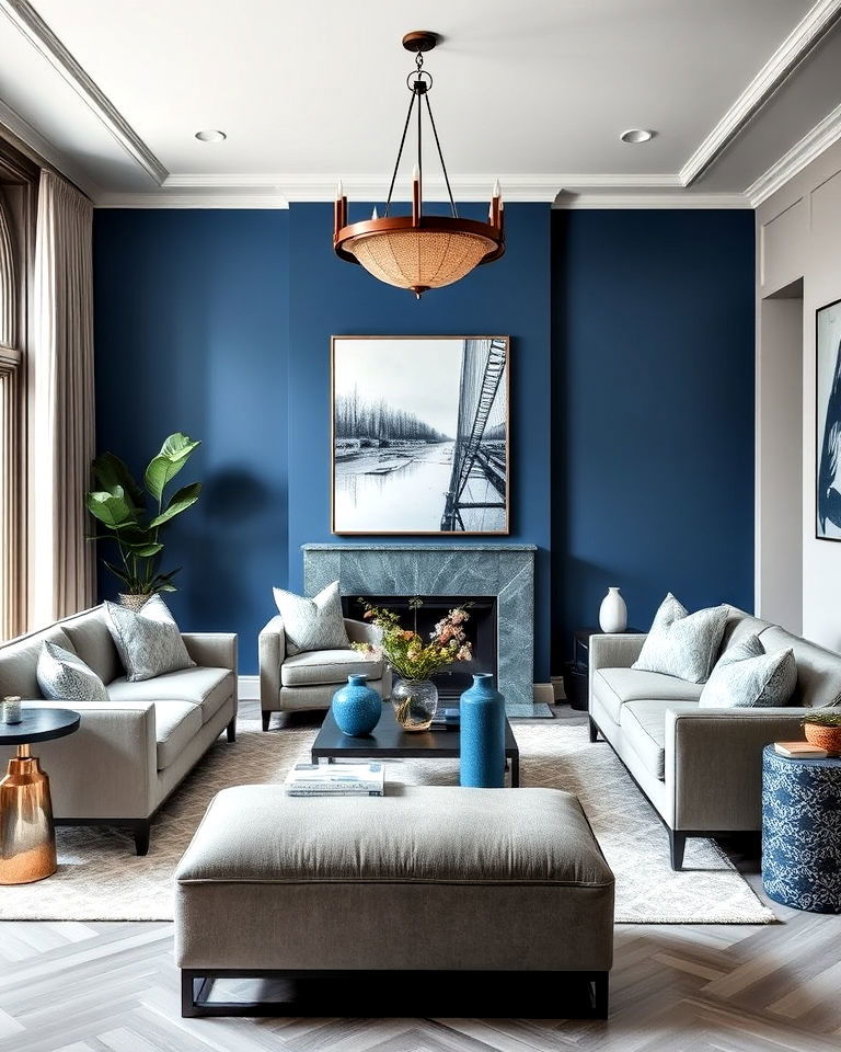 living room with blue accent wall and grey base - 20 Grey Floor Living Room With Blue Walls Ideas