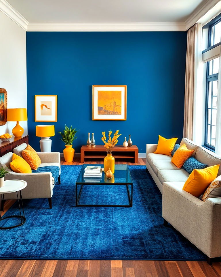 living room with blue rug and yellow decor - 15 Yellow and Blue Living Room Ideas