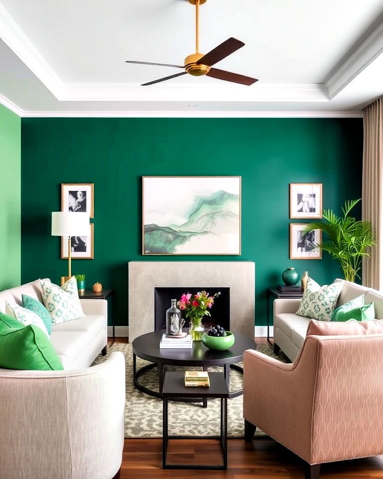 living room with bold accent wall - 20 Blue and Green Living Room Ideas