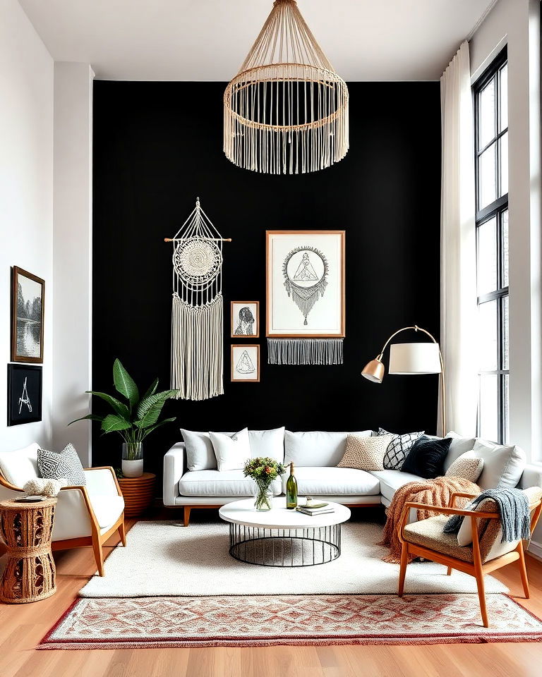 living room with bold black accent wall - 20 Black and White Boho Living Room Ideas