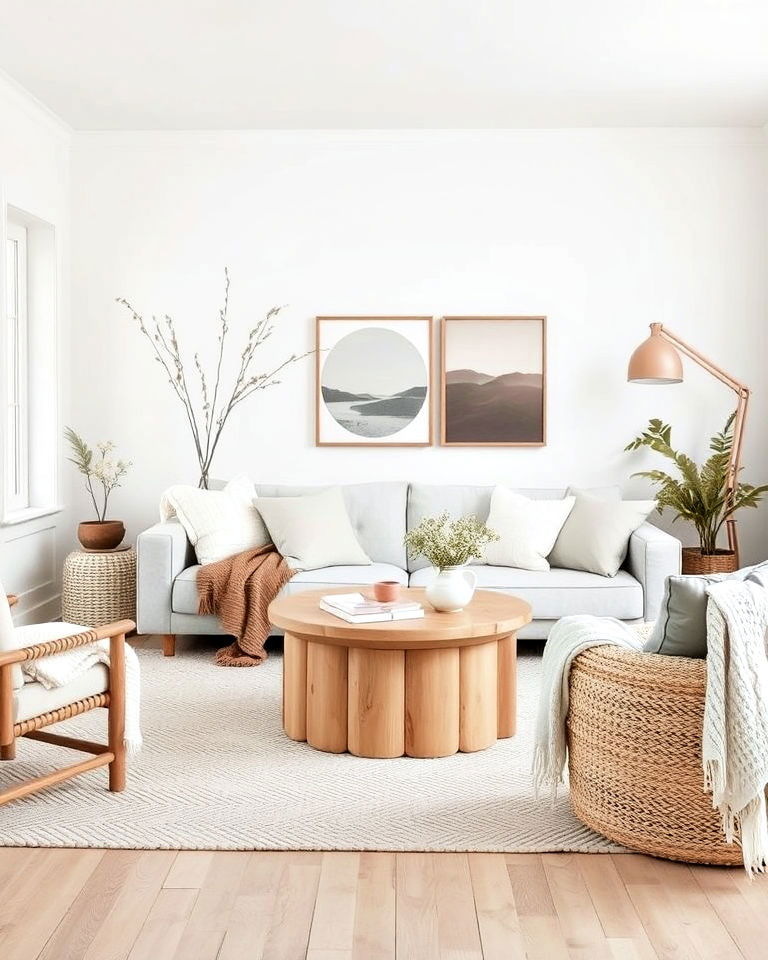 living room with cozy neutral color palette - 30 Rustic Scandinavian Living Room Ideas