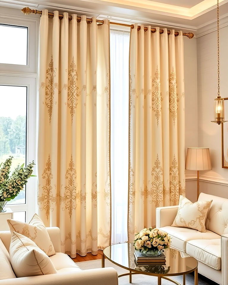 living room with cream drapes and gold beading - 20 Cream and Gold Living Room Ideas