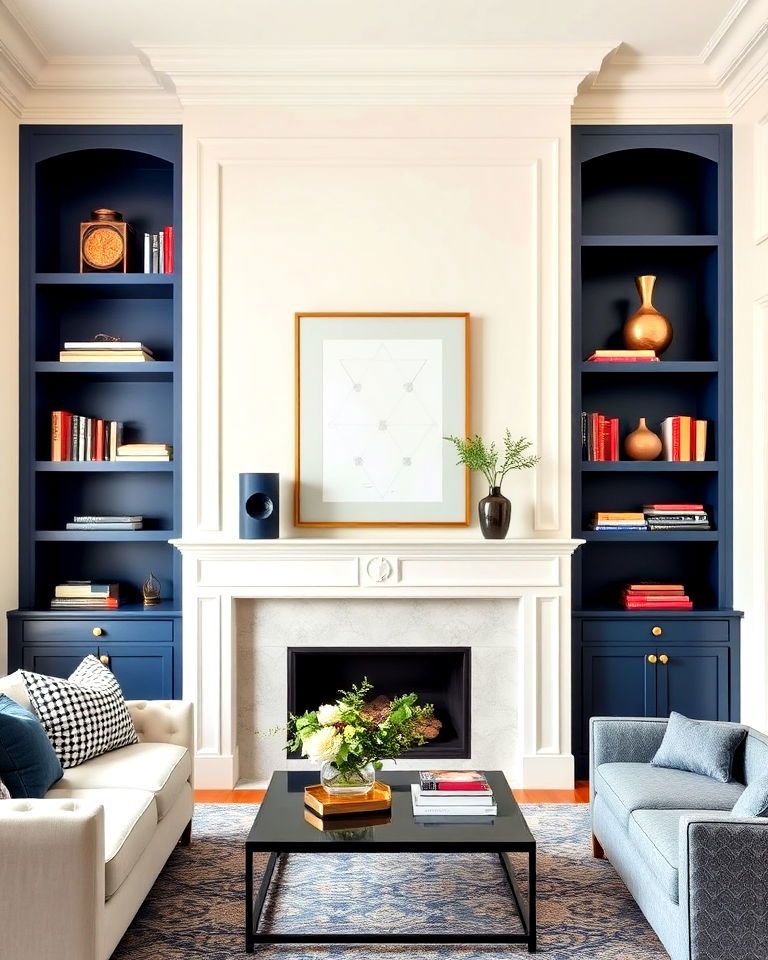 living room with cream walls and navy built ins - 25 Navy and Cream Living Room Ideas