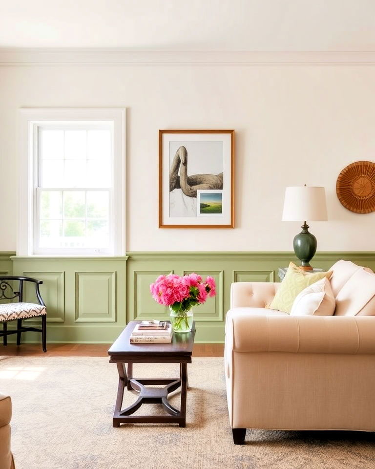 living room with cream walls and sage green wainscoting - 25 Sage Green and Cream Living Room Ideas